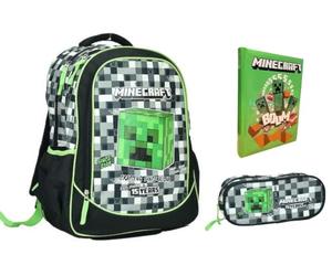 Zaino Scuola compatibile con Minecraft Pixel Crafting Since Alpha Tondo 3 Scomparti zip per bambini primaria media + astucco ovale + Diario + kit penne e portachiave fischietto