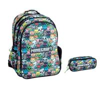 Zaino Scuola compatibile con Minecraft Pixel multicolor Tondo 3 Scomparti zip per bambini primaria media + astucco ovale + kit penne e portachiave fischietto
