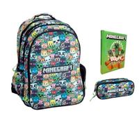 Zaino Scuola compatibile con Minecraft Pixel Multicolor Tondo 3 Scomparti zip per bambini primaria media + astucco ovale + Diario + kit penne e portachiave fischietto