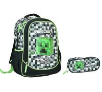 Zaino Scuola compatibile con Minecraft Tondo 3 Scomparti zip per bambini primaria media + astuccio ovale zip