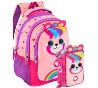Zaino Scuola Ergonomico 33x43x15 cm con Astuccio coordinato 3 Scomparti 45 Pezzi - School Pack Completo - Julian Ross Pandacorno Fluffy - Scuola Elementare e Regalo Bambina