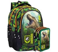 Zaino Scuola Ergonomico 33x43x15 cm con Astuccio coordinato 3 Scomparti 45 Pezzi - School Pack Completo - Julian Ross Dinosauro T-Rex - Scuola Elementare e Regalo Bambino