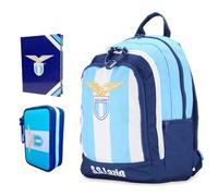 Zaino scuola Lazio Biancoazzurro - Triplo scomparto - chiusura a zip per scuola primaria secondaria + astuccio 3 piani completo di cancelleria chiusura zip + diario + omaggio portachiave