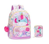 Zaino Scuola Mofu Mofu Unicorno organizzato tondo per bambine + astuccio 3 piani completo di cancelleria + 7 Penne Scatto cancellabili e portachiave pailettes