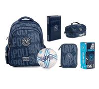Zaino scuola Napoli Tondo Blu Primaria secondaria con mini pallone + Astuccio 3 piani completo di cancelleria + Diario standard 18x14 cm + Borraccia + Lunch Bag + portachiave squadra