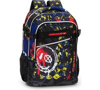 Zaino scuola organizzato 2 scomparti C0mix WBS Graffiti Giallo blu Tondo - Fondo schienale termoformato e imbottito per distribuzione carico + 7 Penne Scatto cancellabili e portachiave fischietto