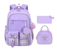 Zaino scuola per ragazze, 3 pezzi, zaino con papillon e tr, multicolore, Purple, riferimento alla descrizione