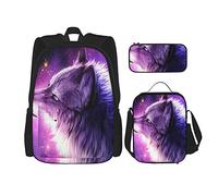 Zaino scuola set 3 pezzi Ragazze Adolescenti (Blue Universe Galaxy Magic Wolf in The Space) Borsa libro + borsa pranzo + astuccio carino college lavoro palestra escursionismo pesca borsa computer