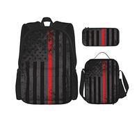 Zaino scuola set 3 pezzi Ragazzi Ragazzi (American Fire Fighter Thin Red Line Flag) Borsa per libri + Pranzo al sacco + Astuccio per matite Zaino carino College Lavoro Palestra Escursionismo Pesca B