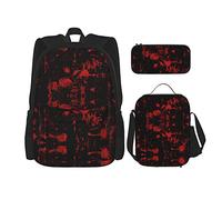 Zaino scuola set 3 pezzi Studenti Adolescenti (Classic Horror Blood Splatter Nero Rosso) Borsa libro + Pranzo al sacco + Astuccio Carino College Lavoro Palestra Escursionismo Pesca Borsa per compute