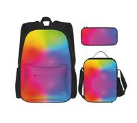 Zaino scuola set 3 pezzi Studenti Adolescenti (Rainbow Vibrant Neon Colors Circles Rounds Dots Radiant) Book Bag + Lunch Bag + Pencil Case Cute Sackpack College Lavoro Palestra Escursionismo Pesca C