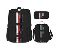 Zaino scuola set 3 pezzi Studenti adolescenti (Vigile del fuoco in difficoltà Thin Red Line Flag nero) Borsa per libri + Pranzo al sacco + Astuccio per matite Zaino carino College Lavoro Palestra Es