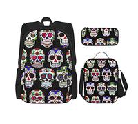 Zaino scuola set 3 pezzi Teens Studenti (Day Of The Dead Sugar Skull Flower Art) Borsa per libri + Pranzo al sacco + Astuccio per matite Zaino carino College Lavoro Palestra Escursionismo Pesca Bors