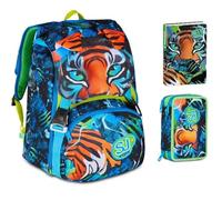 Zaino Scuola Sj Boy Air Tiger Tigre estensibile By Seven per elementare Bambino + Astuccio 3 piani completo di cancvelleria + Diario 2025/2026 + 7 penne a scatto e portachiave pailettes