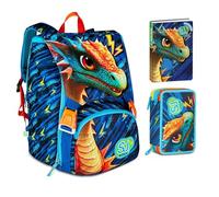 Zaino Scuola Sj boy Dragon Glide Drago alato estensibile By Seven per elementare Bambino + Astuccio 3 piani + Diario 2025/2026 + 7 penne a scatto e portachiave pailettes