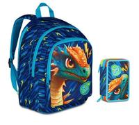 Zaino Scuola Sj Boy Dragon Glide Drago alato estensibile By Seven per elementare Bambino + Astuccio 3 piani + 7 penne a scatto e portachiave pailettes