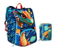 Zaino Scuola Sj boy Dragon Glide Drago alato estensibile By Seven per elementare Bambino + Astuccio 3 piani + 7 penne a scatto e portachiave pailettes