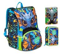Zaino Scuola Sj boy Led Look Drago estensibile By Seven per elementare Bambina + Astuccio 3 piani completo di cancelleria + Diario 2025/2026 + 7 penne a scatto e portachiave fischietto