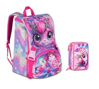 Zaino Scuola Sj Gang Cat Lady Gattina estensibile By Seven per elementare Bambina + Astuccio 3 piani + 7 penne a scatto e portachiave pailettes