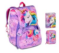 Zaino Scuola Sj Gang Fable Journey Unicorno alato estensibile By Seven per elementare Bambina + Astuccio 3 piani + Diario 2025/2026 + 7 penne a scatto e portachiave pailettes