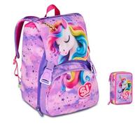 Zaino Scuola Sj Gang Fable Journey Unicorno alato estensibile By Seven per elementari bambina + Astuccio 3 piani completo cancelleria + 7 penne a scatto e portachiave pailettes