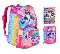 Zaino Scuola Sj Girl Cat & Air Gattino Tigrotto estensibile By Seven per elementare Bambina + Astuccio 3 piani + Diario 2025/2026 + 7 penne a scatto e portachiave pailettes