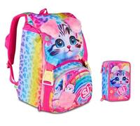 Zaino Scuola Sj Girl Cat & Air Gattino Tigrotto estensibile By Seven per elementare Bambina + Astuccio 3 piani + 7 penne a scatto e portachiave pailettes