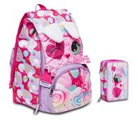 Zaino Scuola Sj girl Heart lolly estensibile By Seven per elementari bambina + Astuccio 3 piani completo cancelleria + 7 penne a scatto e portachiave pailettes