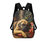 Zaino scuola stampato 3D per ragazzi e ragazze, zaino casual alla moda per scuola o viaggi, Mastiff Dog by Fireplace With Christmas Tree, 17"