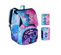 Zaino Scuola Stitch Cute and Fluffy Abbraccio estensibile By Seven per elementare Bambina + Astuccio 3 piani + Diario 2025/2026 + 7 penne a scatto e portachiave pailettes
