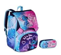 Zaino Scuola Stitch Cute and Fluffy Abbraccio estensibile By Seven per elementari bambina + Astuccio zip ovale + 7 penne cancellabili, portachiave portachiave stitch e set scrittura in bicchiere