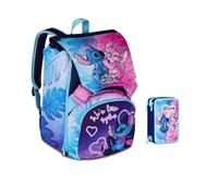 Zaino Scuola Stitch cute end fluffy Abbraccio estensibile By Seven per elementare Bambina + Astuccio 3 piani completo di cancelleria + 7 penne a scatto e portachiave pailettes