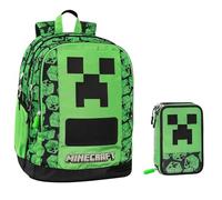Zaino Scuola Tondo compatibile con Minecraft Pixel per bambini + astuccio 3 piani completo di cancelleria + 7 Penne Scatto cancellabili e portachiave fischietto