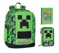 Zaino Scuola Tondo compatibile con Minecraft Pixel per bambini + astuccio 3 piani completo di cancelleria + diario 2025/2026 + 7 Penne Scatto cancellabili e portachiave fischietto