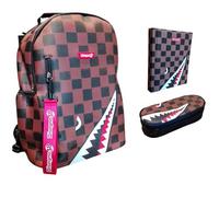 Zaino Scuola ufficio università Disegno 38 grafica a scacchi marrone con squalo dim. 40x30x16 cm + astuccio ovale zip + diario 2025/2026 + 7 Penne Scatto cancellabili e portachiave fischietto
