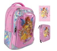 Zaino Scuola Winx per bambine Versione Tonda organizzato 3 Scomparti zip per bambine primaria secondaria + Astuccio 3 piani completo di cancelleria + Diario 2026/2027 + kit penne e portachiave