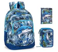Zaino Scuola WWF versione Shark Squalo Blu Tondo 3 Scomparti zip per bambini primaria secondaria + Astuccio 3 piani completo di cancelleria + Diario 2026/2027 + kit penne e portachiave fischietto