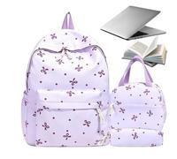 Zaino Set Book Bag Bow Design Zaino Con Pranzo Tote Matite Astucci, Viola | Borsa per libri per viaggi, escursioni, campeggio, attività all'aperto, università, sport, vacanze