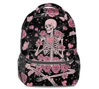 Zaino stampato con teschio gotico floreale rosa stella farfalla sfondo nero, 02, L