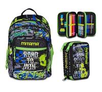 Zaino Triplo Scomparto Scuola Mitama con Tasca frontale, Verde e Nero, Bambino Ragazzo + Astuccio Scuola 3 Scomparti con Contenuto 47 pz