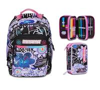 Zaino Triplo Scomparto Scuola Mitama con Tasca frontale, Viola e Nero, Bambina Ragazza + Astuccio Scuola 3 Scomparti con Contenuto 47 pz