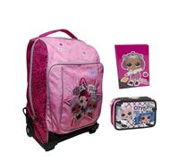 Zaino Trolley compatibile con L0l Surprise 2 Scomparti Con Cerniera, Per Bambina, Scuola + astuccio 3 piani + diario 2025/2026 + portachiave pailettes e 7 penne multicolore