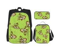 Zaino verde con scimmia intelligente con portapranzo, zaino anime, borsa per la scuola, set per tre, Nero , Taglia unica, Set di zaini per la scuola