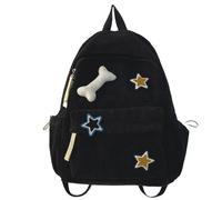 Zaino vintage in velluto a coste, borsa per libri scolastici, zaino in velluto a coste, zaino in velluto a coste, zaino alla moda Y2K con motivo a stelle, Nero , 32 x 12 x42 cm