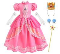 ZaisuiFun Vestito da Principessa Peach Bambina Costume Rosa Super Mario Abito Ragazza con set di Accessori per Halloween Carnevale Festa Compleanno