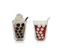 Zak Designs 1500-R690 DOT DOT-Set di 2 Bicchieri a Doppia Parete, bombati, per tè, da 35 cl, in Vetro, con 2 cucchiaini in melammina, Colore: Nero/Bianco