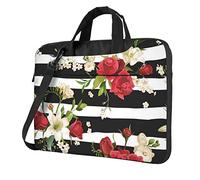 ZaKhs Borsa per computer portatile da 13-15,6 pollici con stampa di fiori di rosa rossa a righe bianche nere borsa per computer portatile da 13 a 15,6 pollici, Nero , 15.6 inch