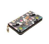 ZaKhs Carino Corgi Pet e Milk Tea Print Portafoglio da donna in pelle con zip portamonete grande capacità titolare della carta per donne uomini regalo, Nero , Taglia unica