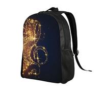 ZaKhs Zaino con stampa a forma di nota musicale dorata con stelle lucide, 40,6 cm, impermeabile, leggero, borsa da lavoro casual per donne e uomini, Nero , Taglia unica