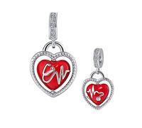 ZakiaHo Ciondolo a forma di stetoscopio ECG con cuore rosso, per braccialetti Pandora, compatibile con braccialetti Pandora, Rame, Nessuna pietra preziosa